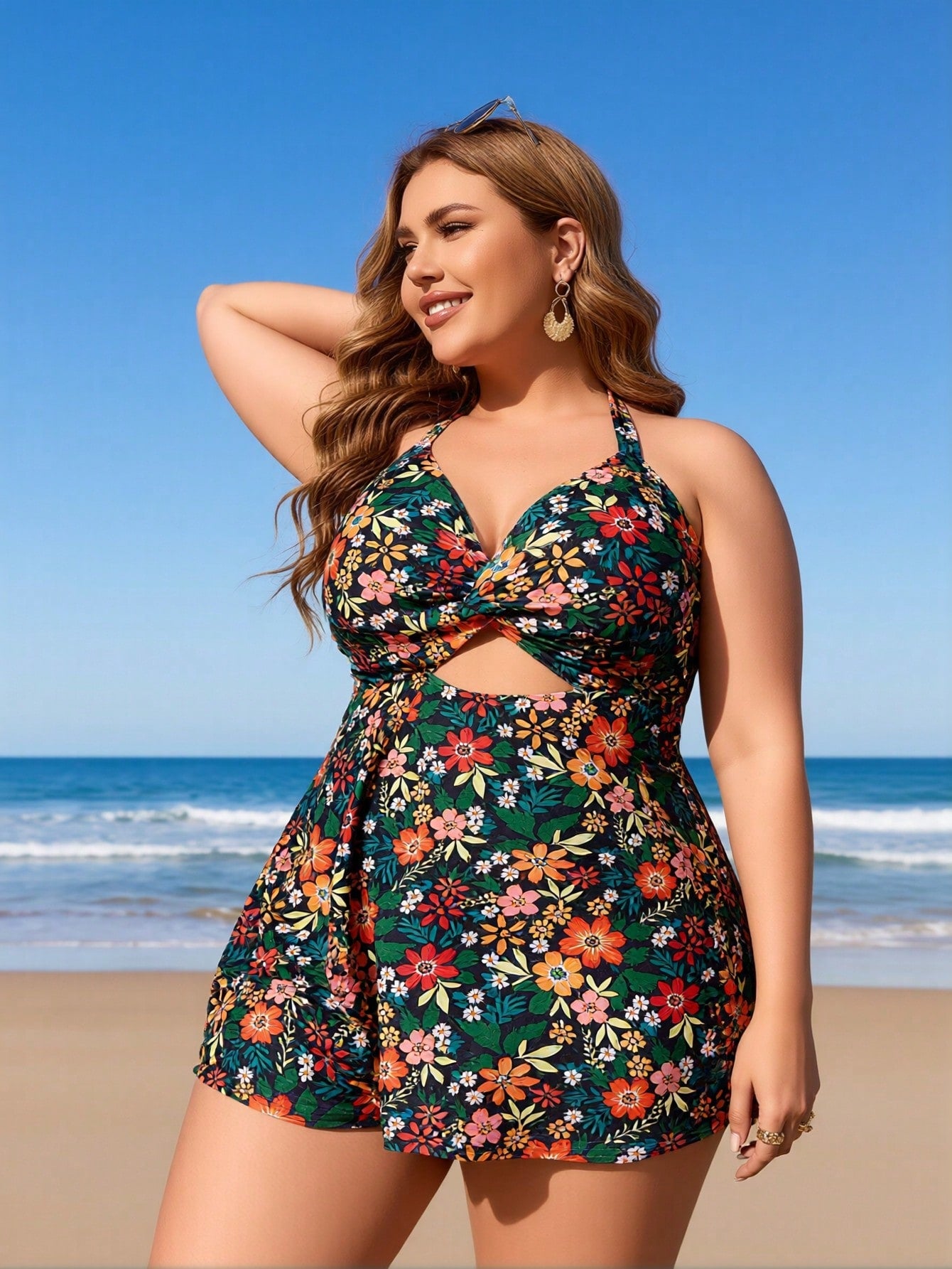 2026 New Plus Size Women's Sexy Fashion Vintage Floral Halter Twist One-Piece Swimdress For Vacation & Leisure