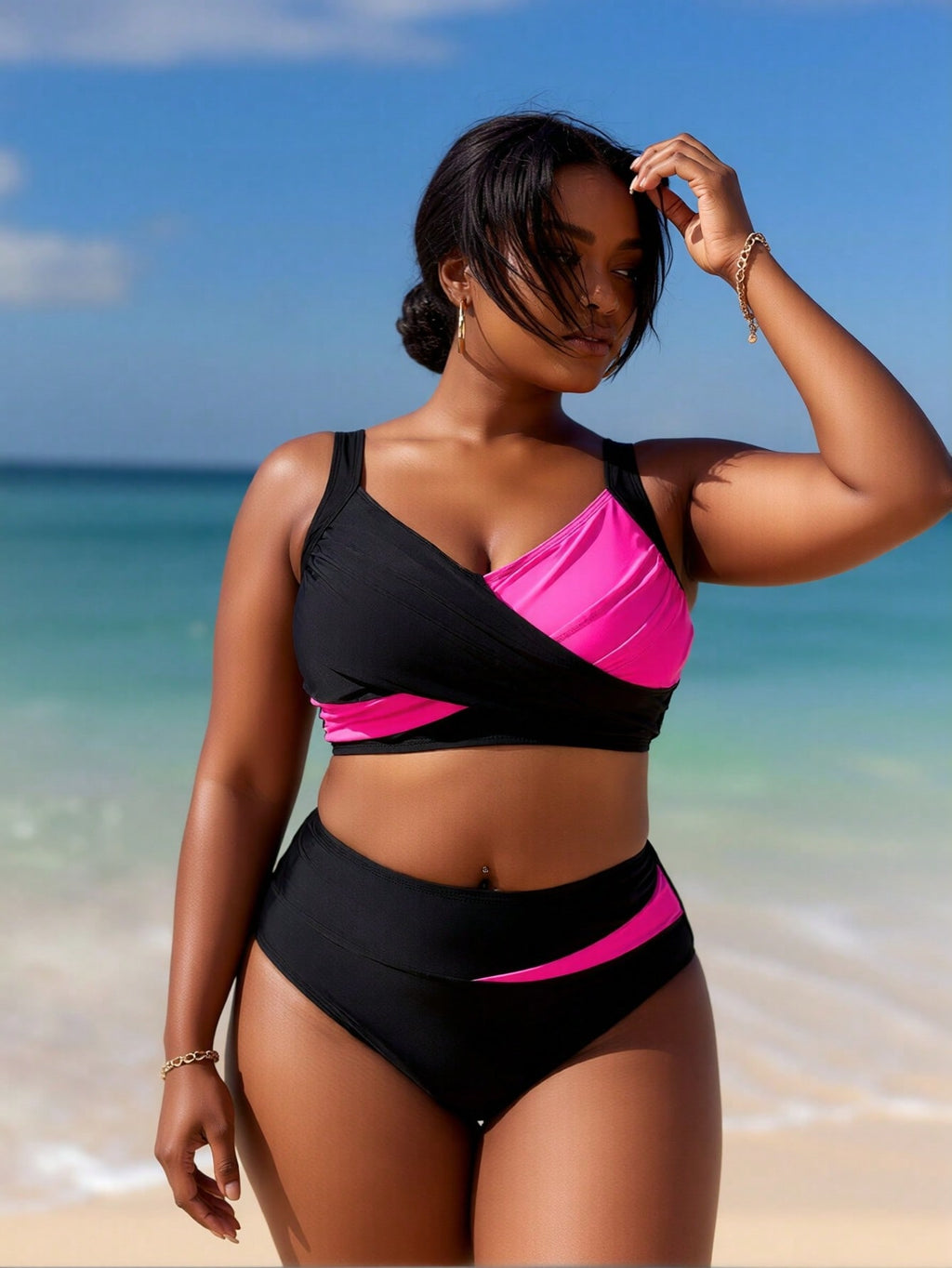 2026 New Plus Size Women's Sexy Fashion Black & Hot Pink Cross High-Waist Two-Piece Bikini for Vacation & Leisure Swimwear