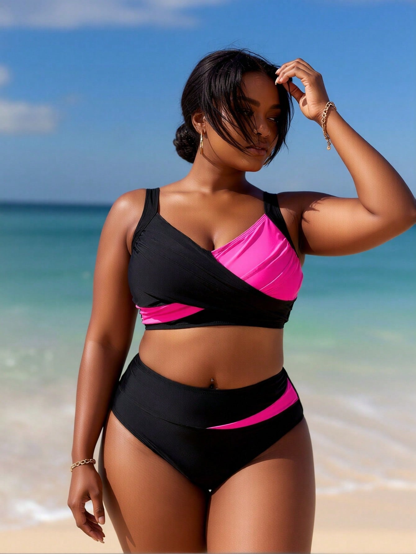 2026 New Plus Size Women's Sexy Fashion Black & Hot Pink Cross High-Waist Two-Piece Bikini for Vacation & Leisure Swimwear
