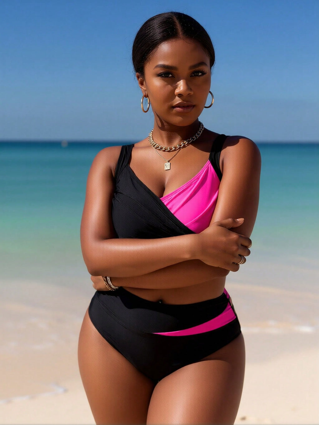 2026 New Plus Size Women's Sexy Fashion Black & Hot Pink Cross High-Waist Two-Piece Bikini for Vacation & Leisure Swimwear