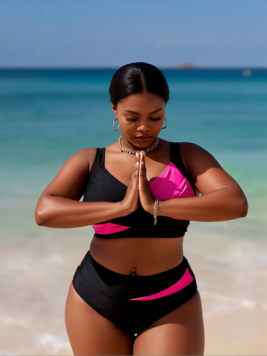 2026 New Plus Size Women's Sexy Fashion Black & Hot Pink Cross High-Waist Two-Piece Bikini for Vacation & Leisure Swimwear