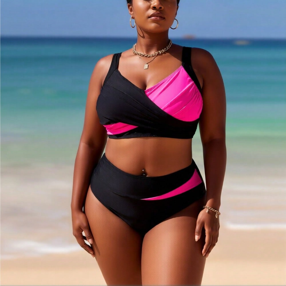 2026 New Plus Size Women's Sexy Fashion Black & Hot Pink Cross High-Waist Two-Piece Bikini for Vacation & Leisure Swimwear