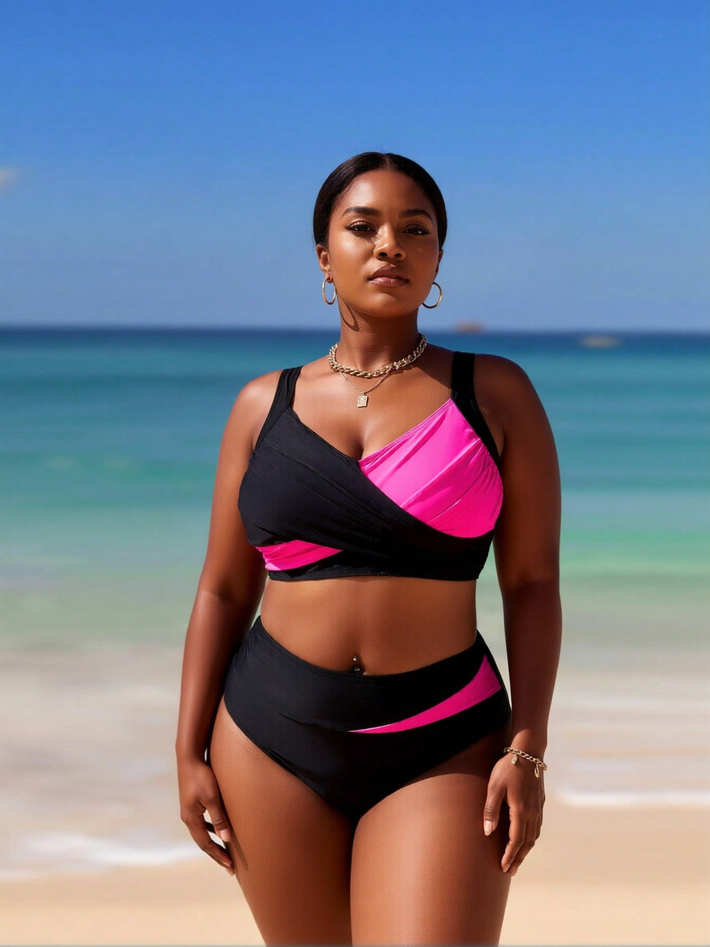 2026 New Plus Size Women's Sexy Fashion Black & Hot Pink Cross High-Waist Two-Piece Bikini for Vacation & Leisure Swimwear