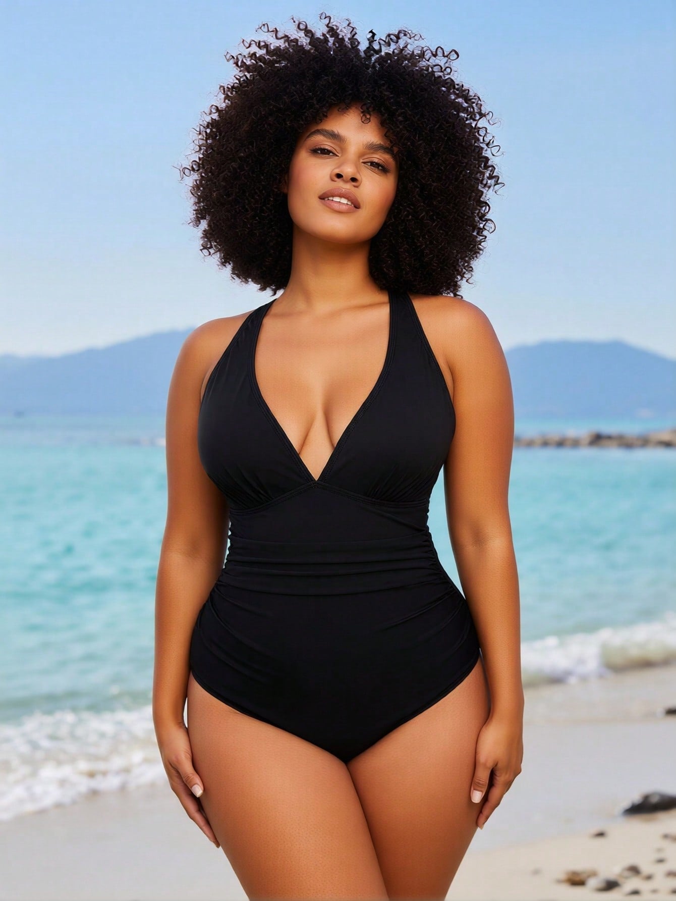 2026 New Women's One-Piece Swimsuit: Black with Halter Neck, Deep V-Neck and Ruched Tummy Control