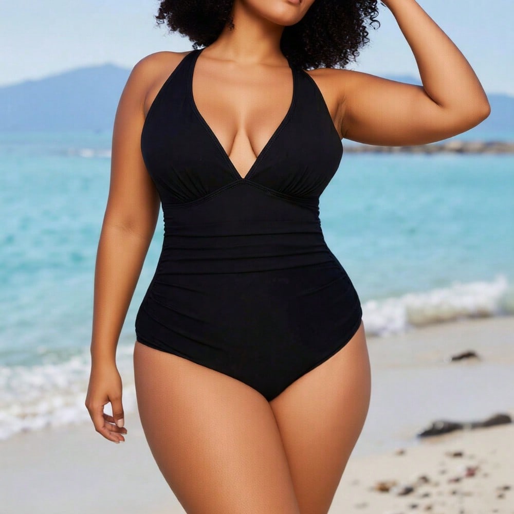 2026 New Women's One-Piece Swimsuit: Black with Halter Neck, Deep V-Neck and Ruched Tummy Control