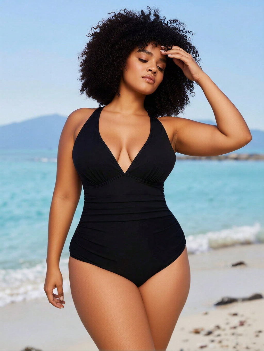 2026 New Women's One-Piece Swimsuit: Black with Halter Neck, Deep V-Neck and Ruched Tummy Control