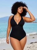 2026 New Women's One-Piece Swimsuit: Black with Halter Neck, Deep V-Neck and Ruched Tummy Control