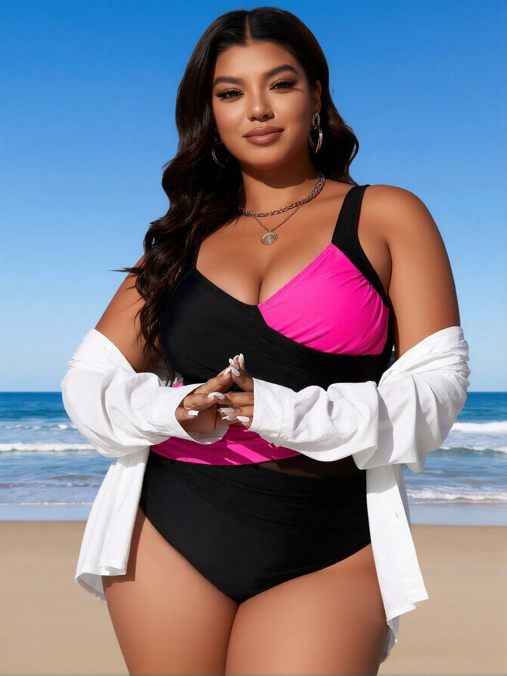 2026 New Plus Size Women's Sexy Fashion Black & Hot Pink Cross Mesh One-Piece Swimsuit for Vacation & Leisure