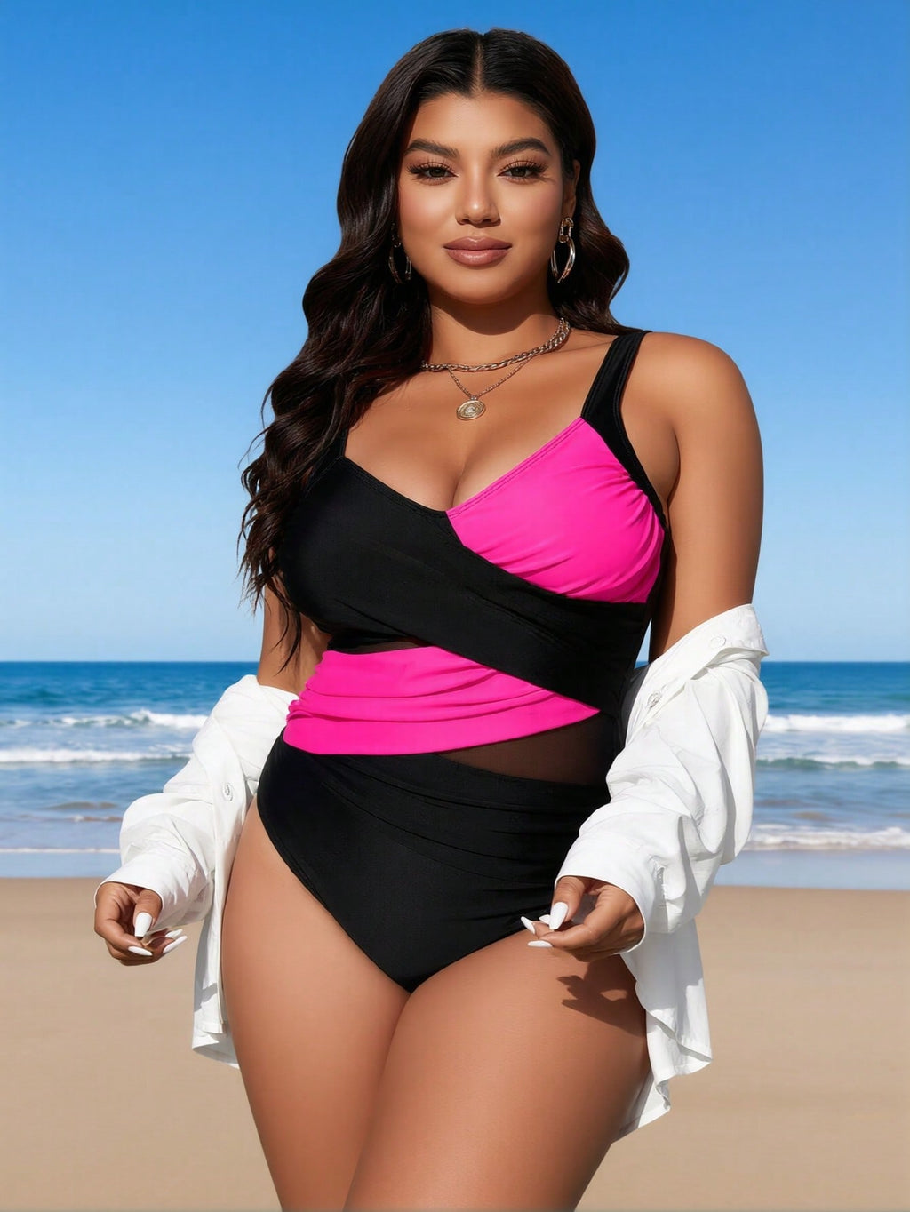 2026 New Plus Size Women's Sexy Fashion Black & Hot Pink Cross Mesh One-Piece Swimsuit for Vacation & Leisure