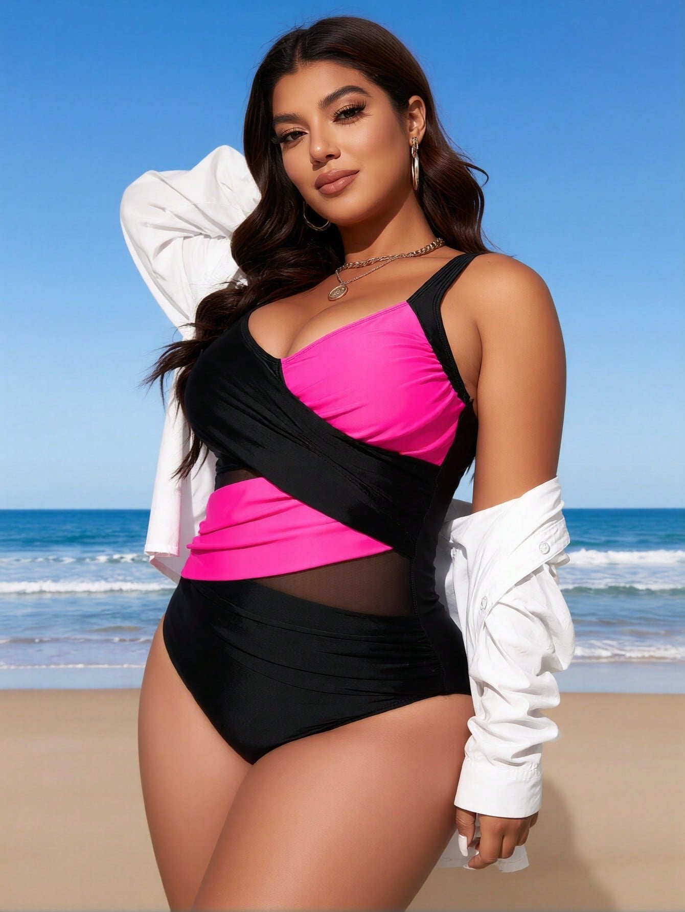 2026 New Plus Size Women's Sexy Fashion Black & Hot Pink Cross Mesh One-Piece Swimsuit for Vacation & Leisure