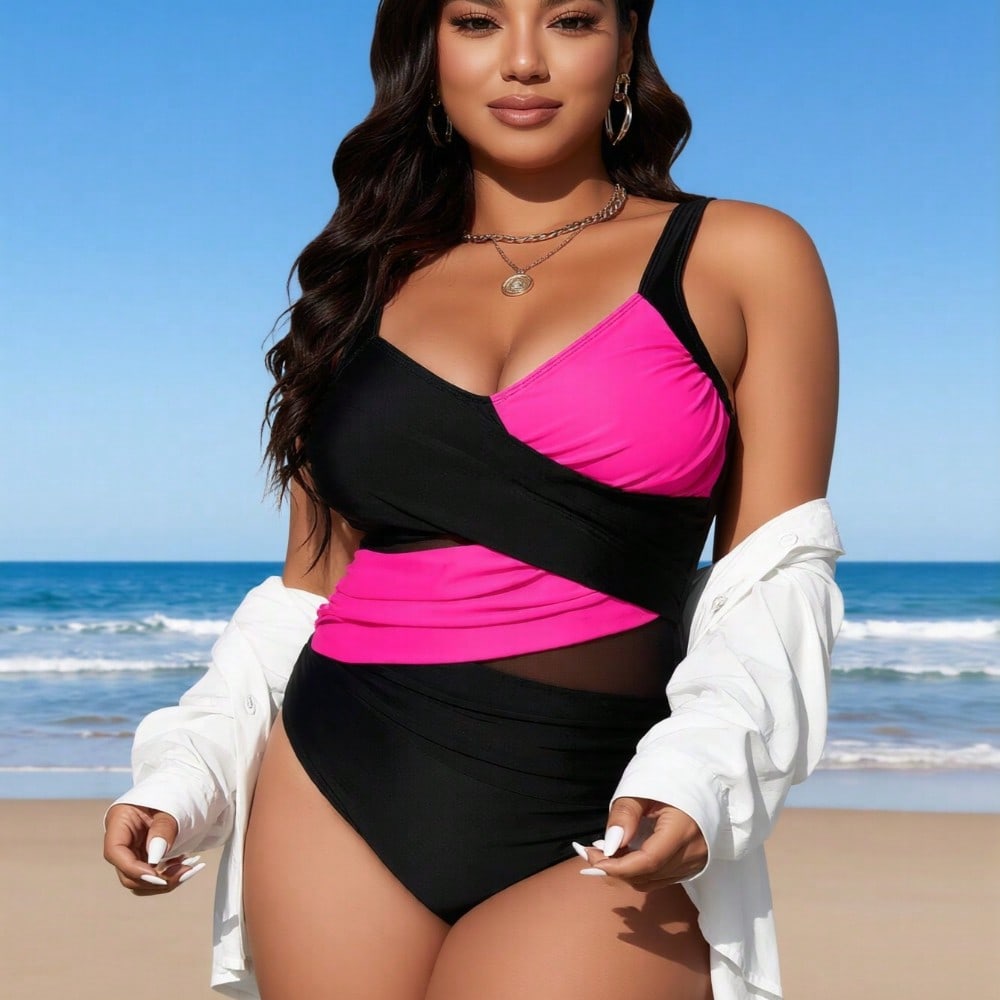 2026 New Plus Size Women's Sexy Fashion Black & Hot Pink Cross Mesh One-Piece Swimsuit for Vacation & Leisure