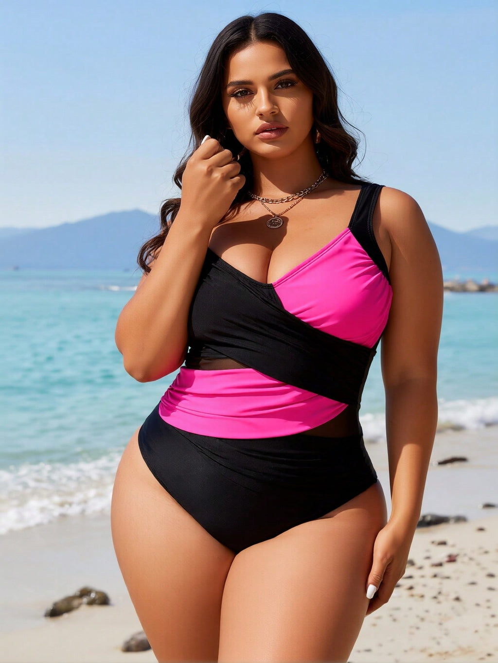2026 New Women's One-Piece Swimsuit: Black & Hot Pink Color Block, Wrap Front Detail, Wide Straps And Ruched Tummy Control