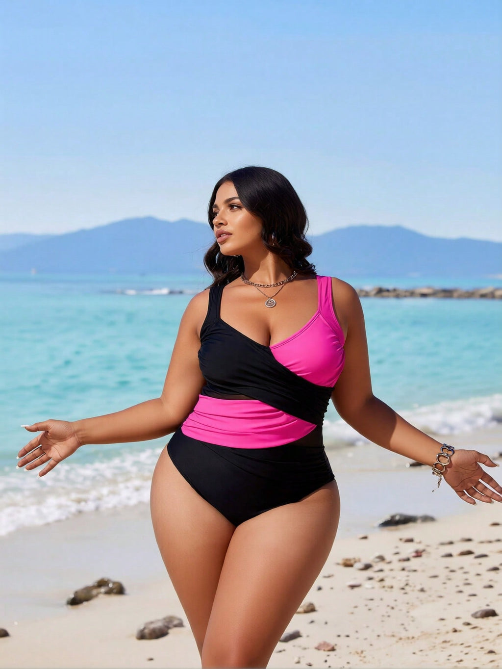 2026 New Women's One-Piece Swimsuit: Black & Hot Pink Color Block, Wrap Front Detail, Wide Straps And Ruched Tummy Control