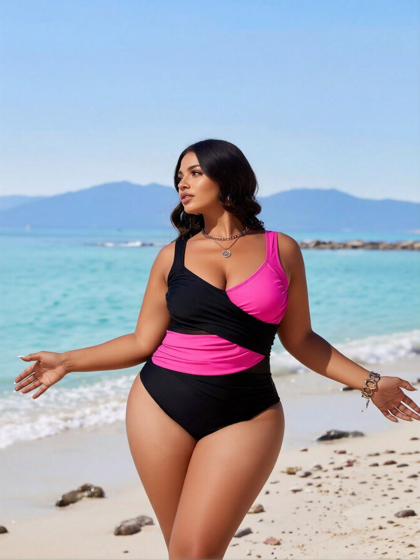 2026 New Women's One-Piece Swimsuit: Black & Hot Pink Color Block, Wrap Front Detail, Wide Straps And Ruched Tummy Control