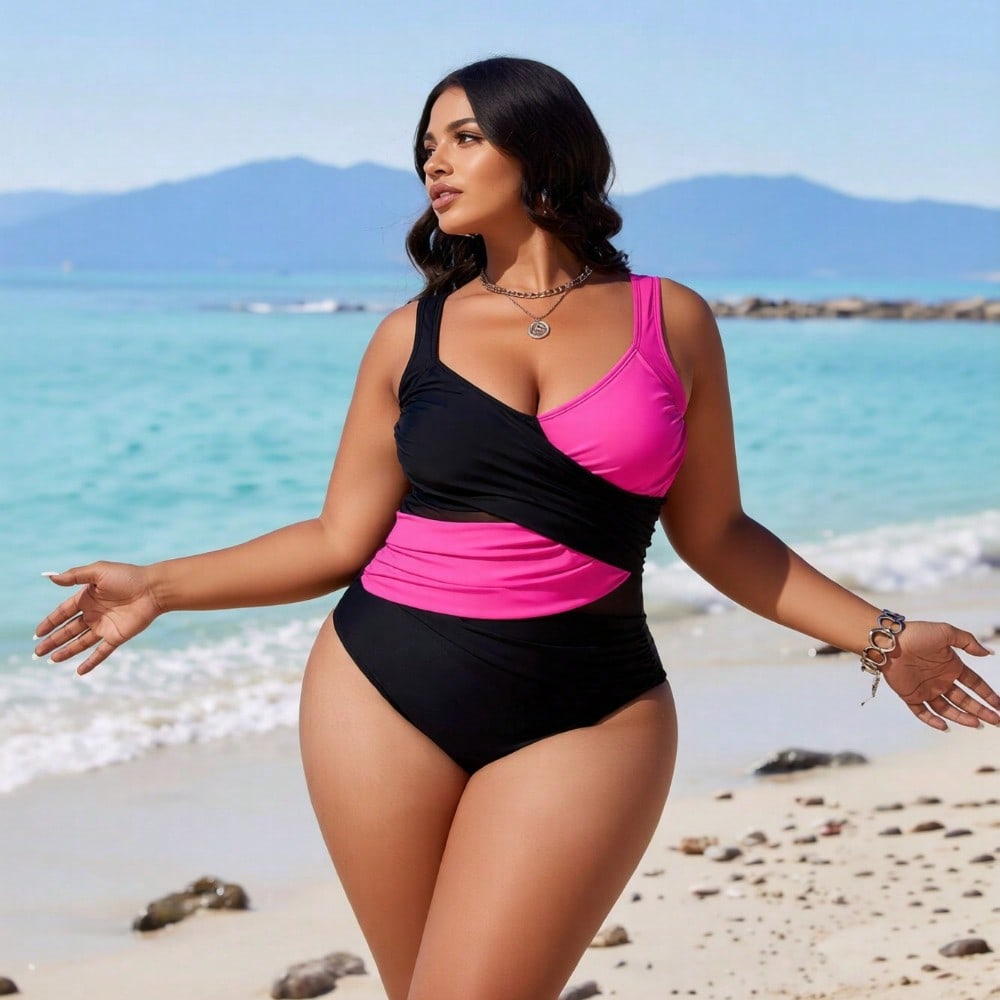 2026 New Women's One-Piece Swimsuit: Black & Hot Pink Color Block, Wrap Front Detail, Wide Straps And Ruched Tummy Control