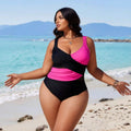 2026 New Women's One-Piece Swimsuit: Black & Hot Pink Color Block, Wrap Front Detail, Wide Straps And Ruched Tummy Control