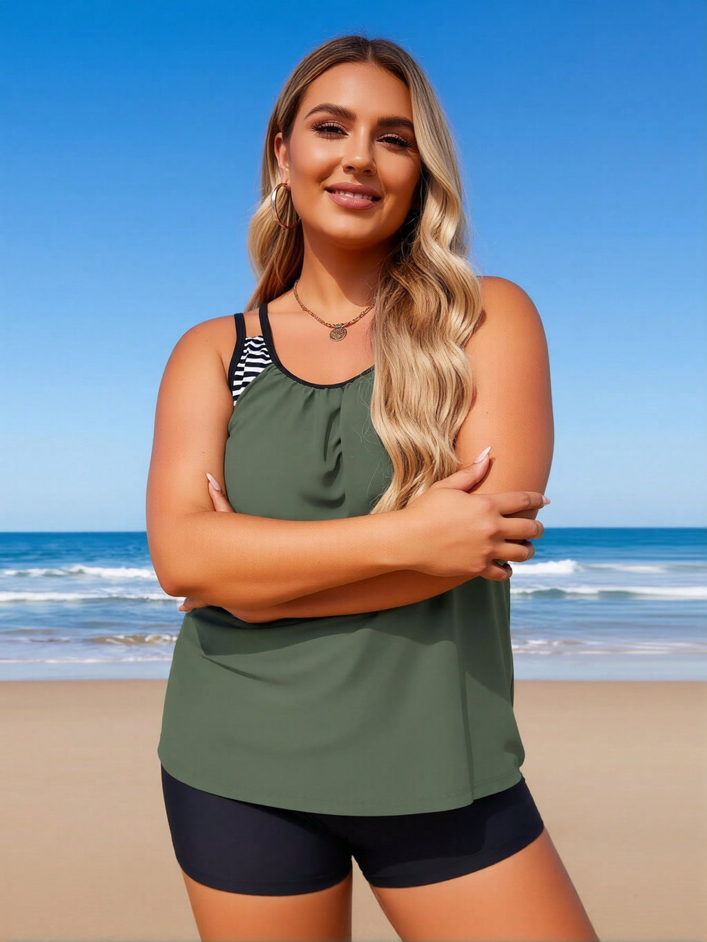 2026 New Plus Size Women's Sexy Fashion Army Green Striped Strap Two-Piece Boyleg Swimsuit For Vacation & Leisure