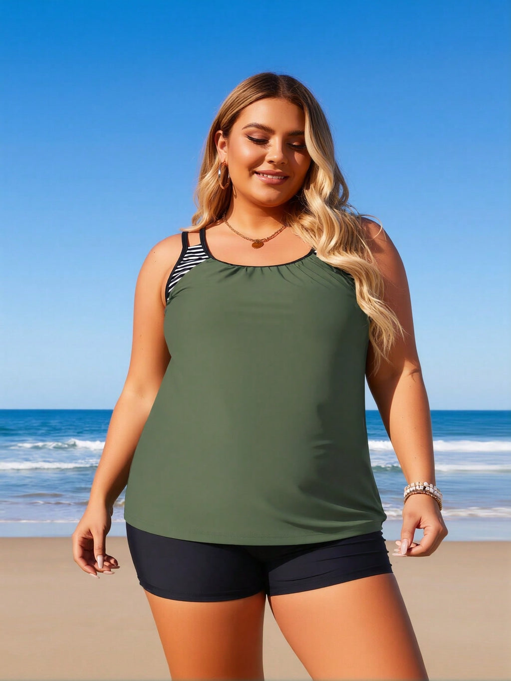 2026 New Plus Size Women's Sexy Fashion Army Green Striped Strap Two-Piece Boyleg Swimsuit For Vacation & Leisure