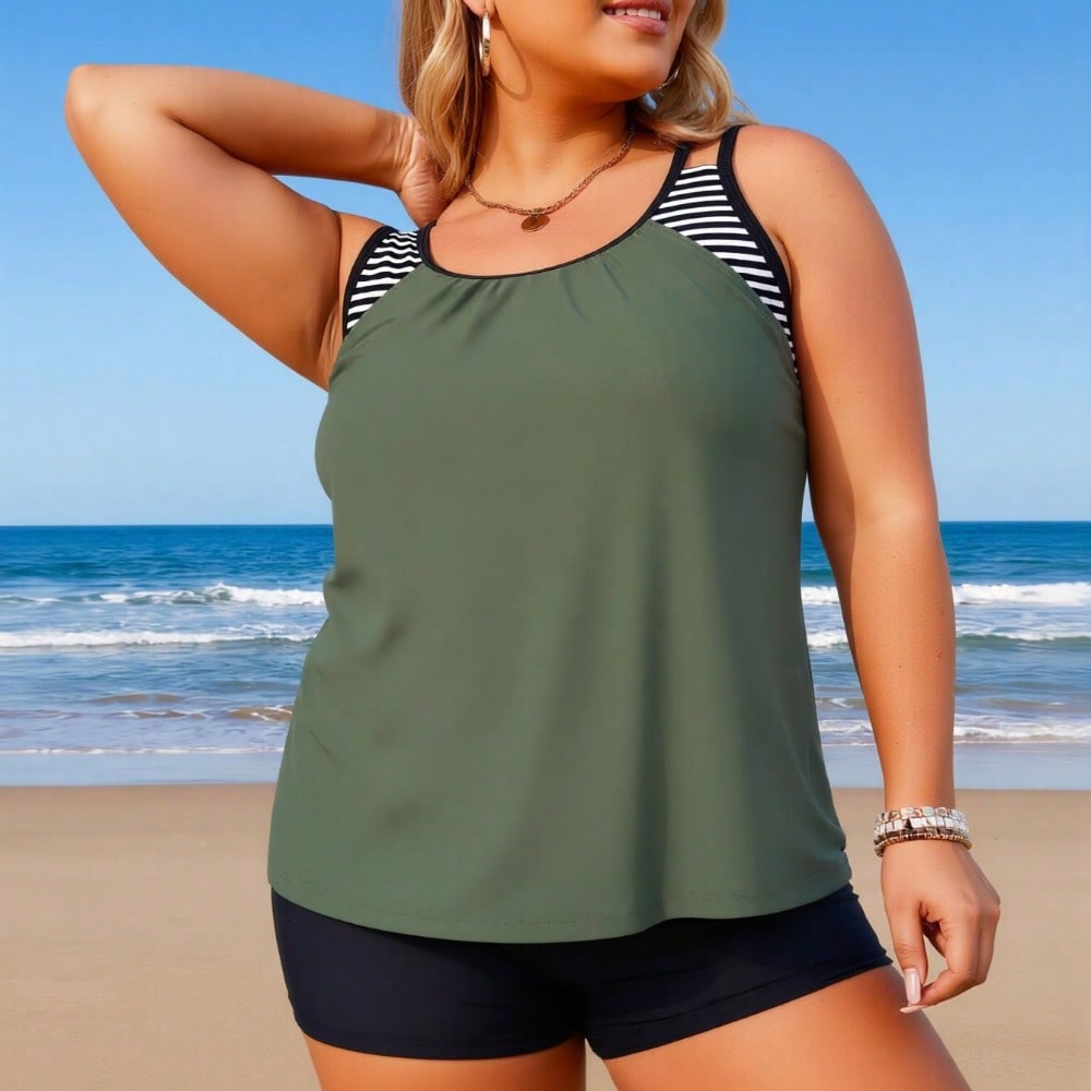 2026 New Plus Size Women's Sexy Fashion Army Green Striped Strap Two-Piece Boyleg Swimsuit For Vacation & Leisure