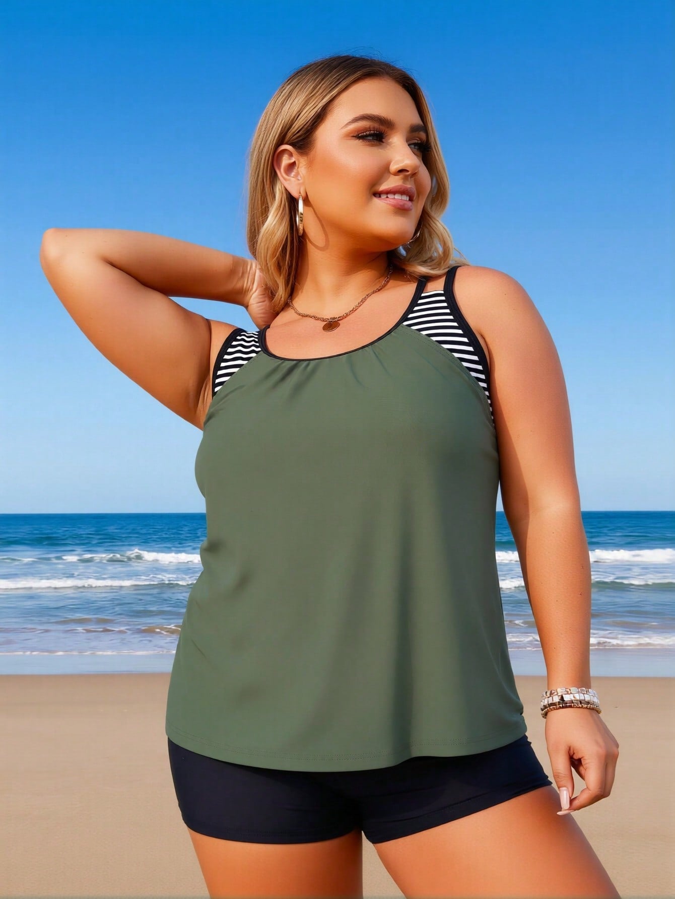 2026 New Plus Size Women's Sexy Fashion Army Green Striped Strap Two-Piece Boyleg Swimsuit For Vacation & Leisure