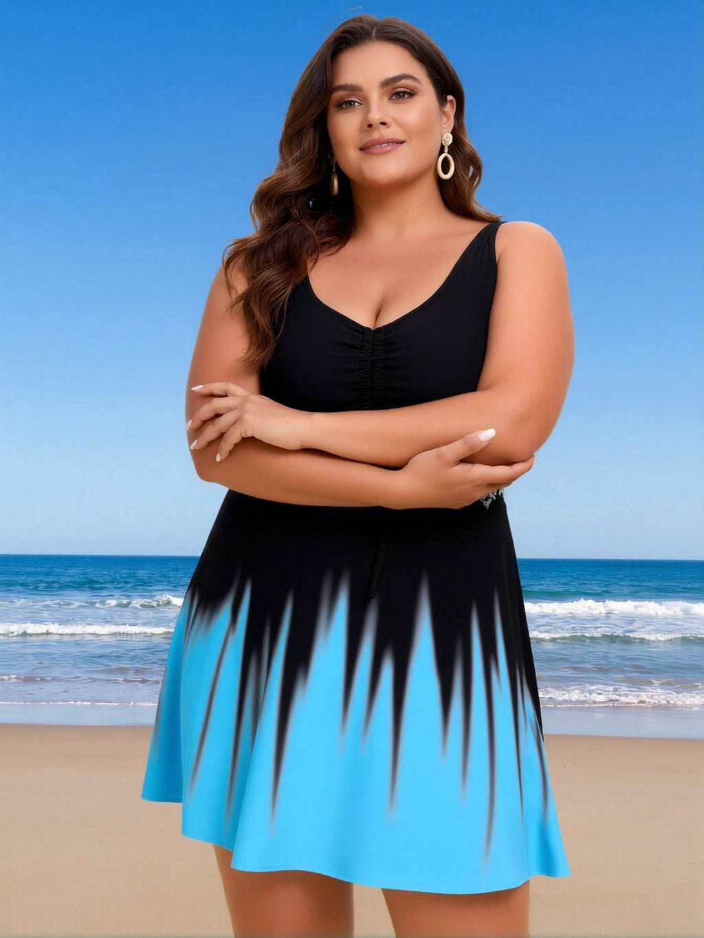2026 New Plus Size Women's Sexy Fashion Black-Blue Gradient Ruched Lace One-Piece Swimdress For Vacation & Leisure