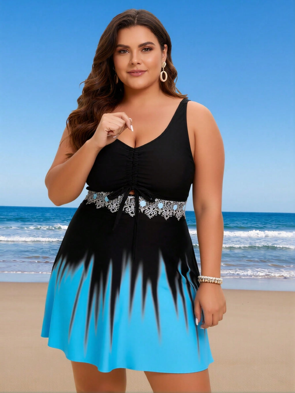 2026 New Plus Size Women's Sexy Fashion Black-Blue Gradient Ruched Lace One-Piece Swimdress For Vacation & Leisure