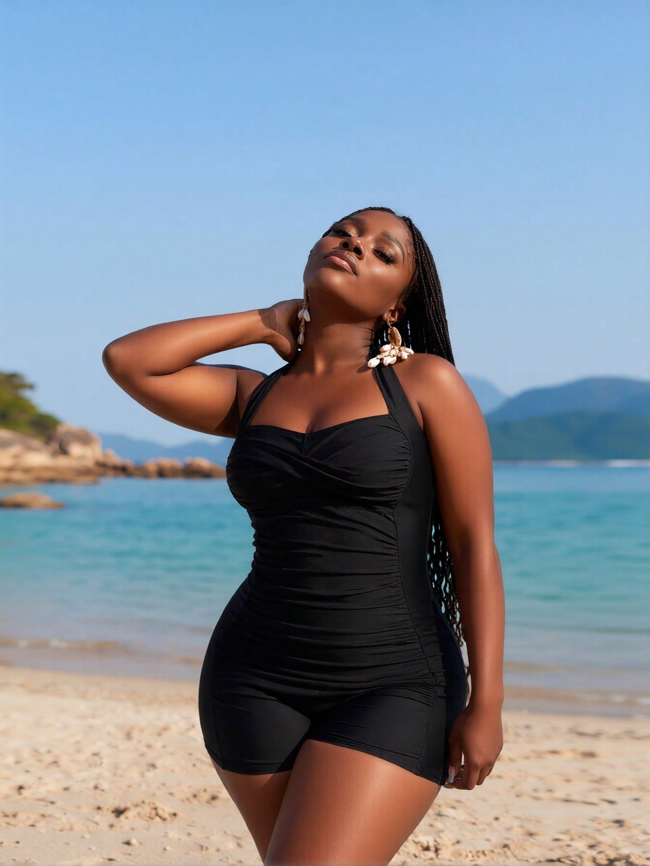 2026 New Women's Swimdress: Black with Halter Neck, Ruched Tummy Control, Flared Skirt Hem and Boyleg Bottoms