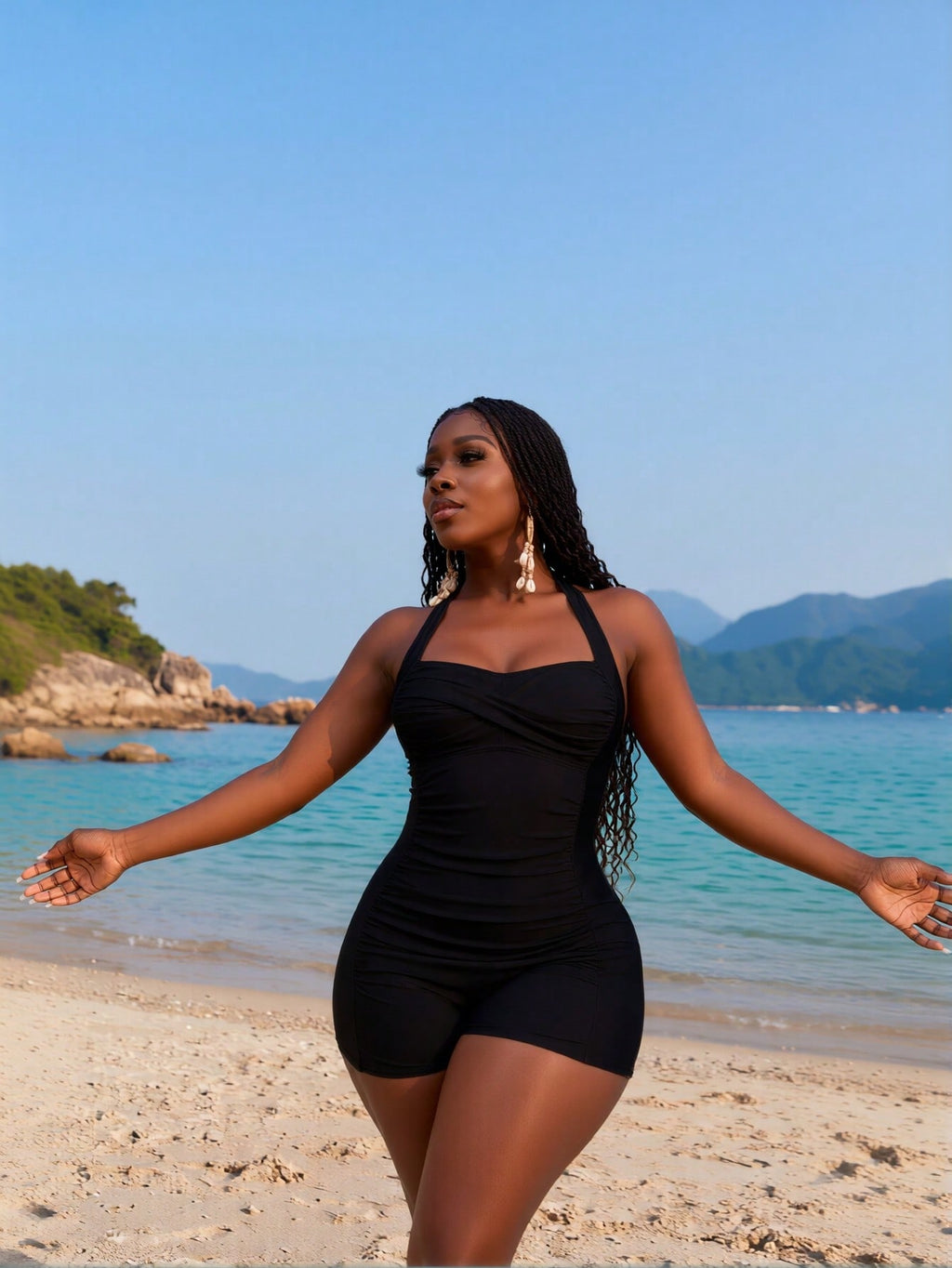 2026 New Women's Swimdress: Black with Halter Neck, Ruched Tummy Control, Flared Skirt Hem and Boyleg Bottoms