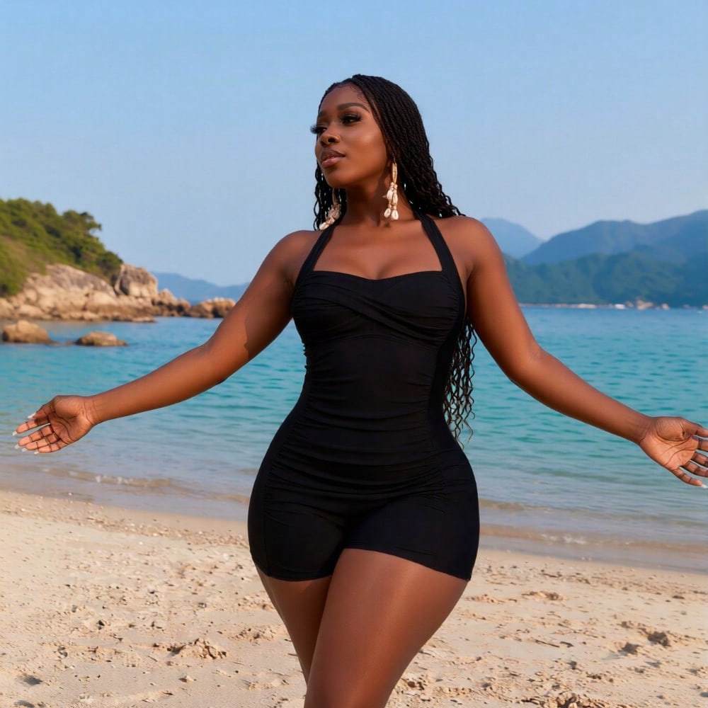 2026 New Women's Swimdress: Black with Halter Neck, Ruched Tummy Control, Flared Skirt Hem and Boyleg Bottoms