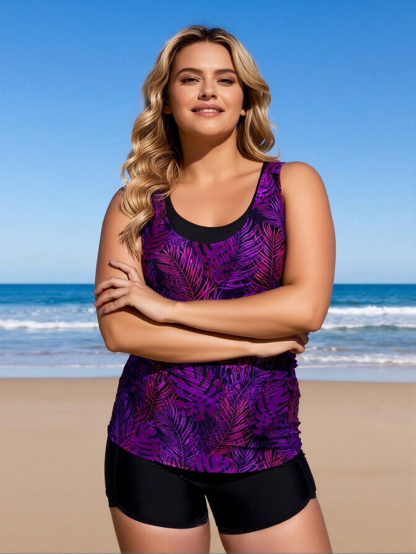 2026 New Plus Size Women's Sexy Fashion Purple-Black Botanical Print Two-Piece Boyleg Swimsuit For Vacation & Leisure
