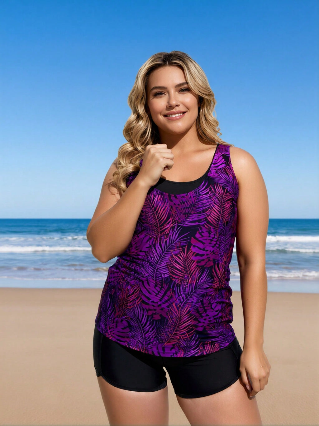 2026 New Plus Size Women's Sexy Fashion Purple-Black Botanical Print Two-Piece Boyleg Swimsuit For Vacation & Leisure
