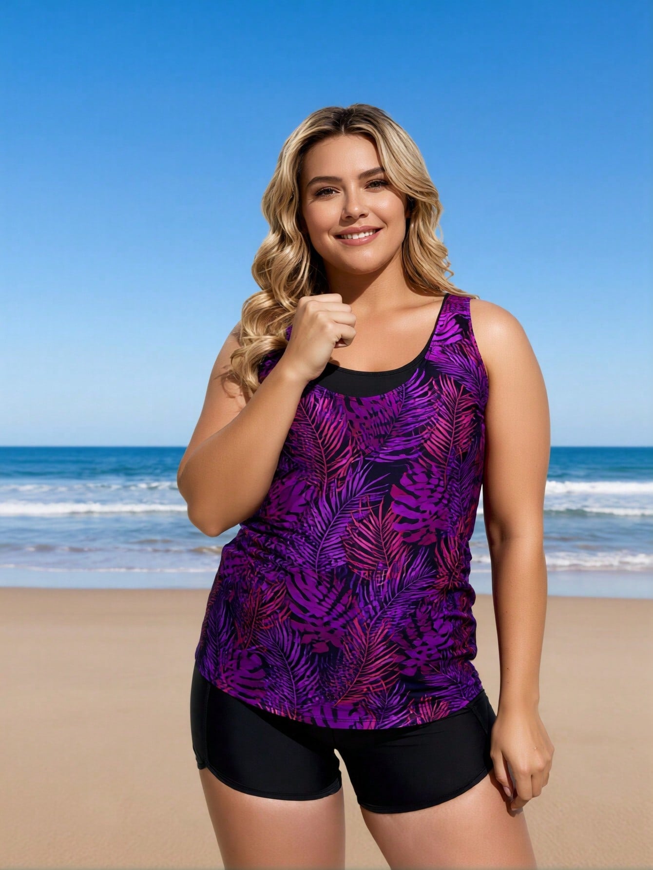 2026 New Plus Size Women's Sexy Fashion Purple-Black Botanical Print Two-Piece Boyleg Swimsuit For Vacation & Leisure
