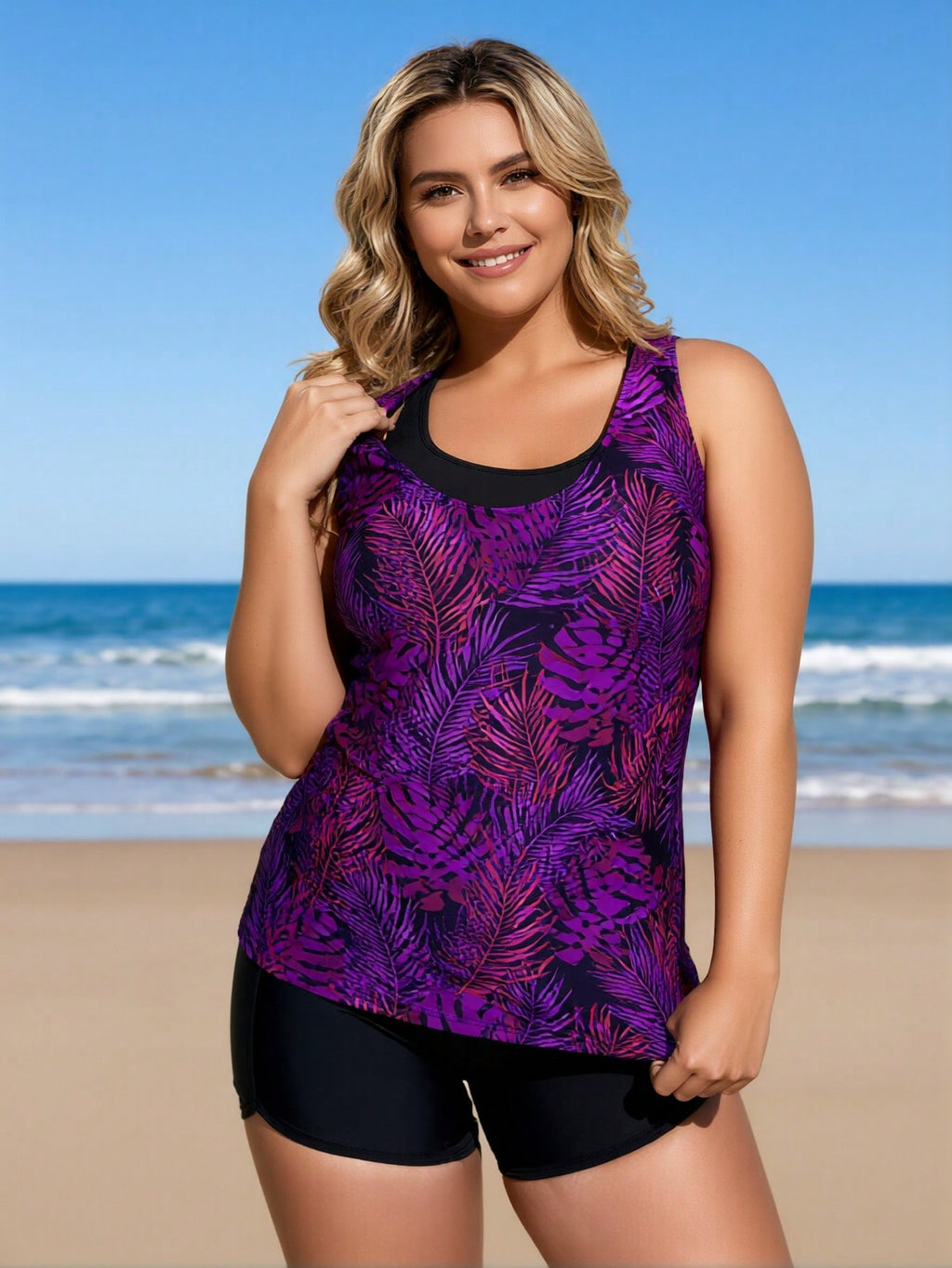 2026 New Plus Size Women's Sexy Fashion Purple-Black Botanical Print Two-Piece Boyleg Swimsuit For Vacation & Leisure
