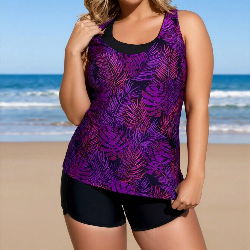 2026 New Plus Size Women's Sexy Fashion Purple-Black Botanical Print Two-Piece Boyleg Swimsuit For Vacation & Leisure