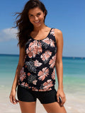 2026 New Women's Sexy Fashion Black Pink Floral Botanical Print Two-Piece Boyleg Swimsuit for Vacation & Leisure