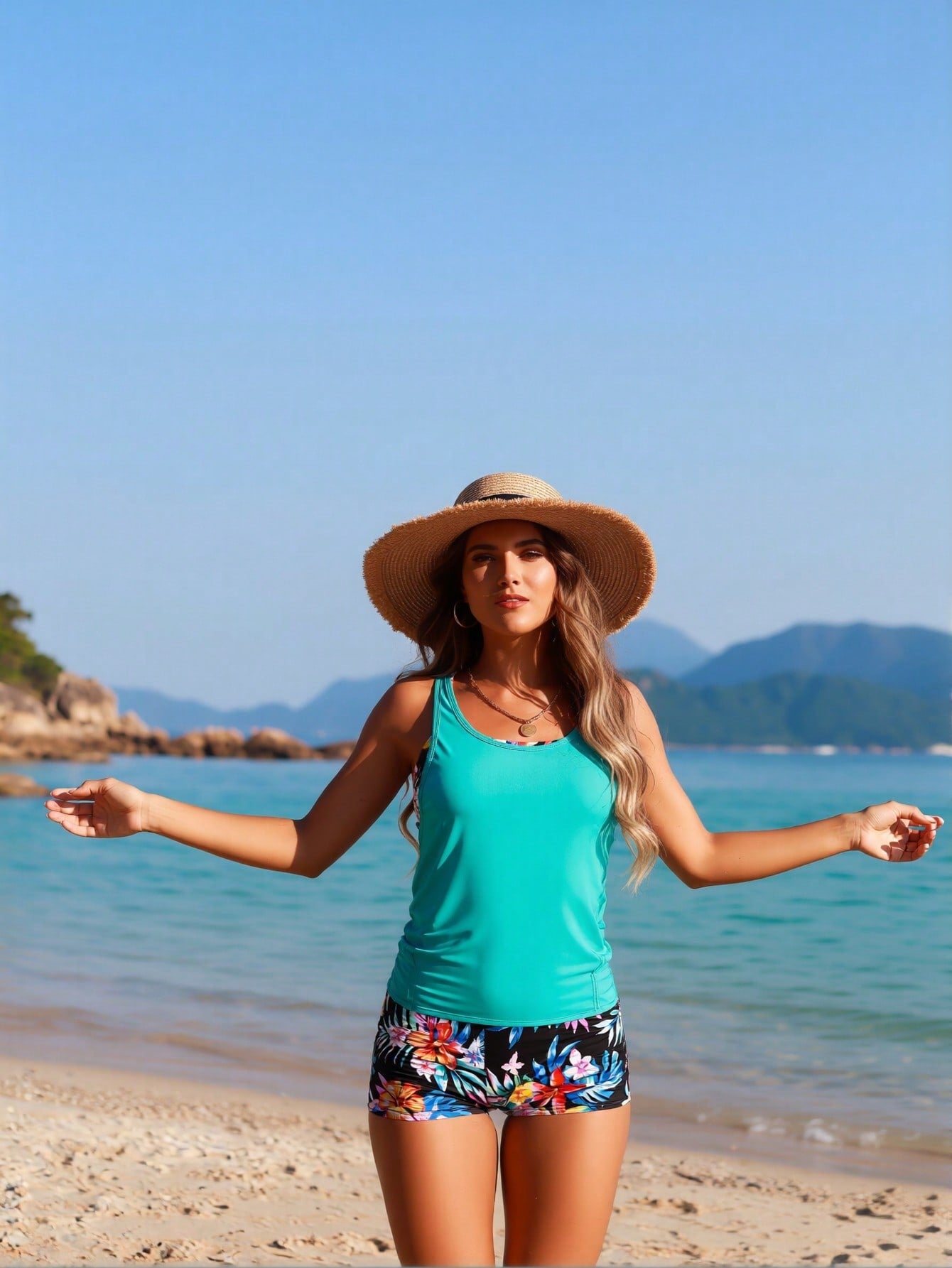 2026 Women's Playful Swim Set: Turquoise Racerback Tank Top, Vibrant Tropical Floral Print Bikini Top And Matching Board Shorts