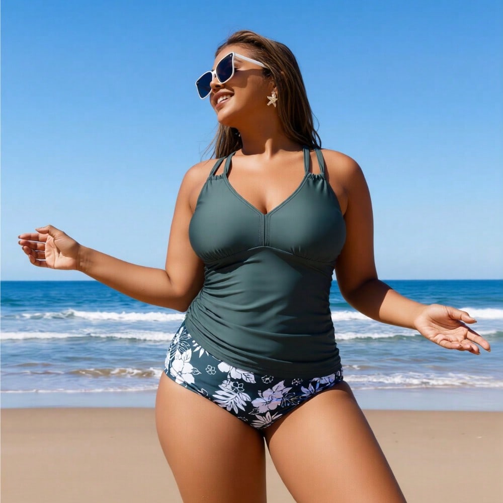 2026 New Plus Size Women's Sexy Fashion Army Green Solid & Floral Print Two-Piece Swimsuit for Vacation & Leisure