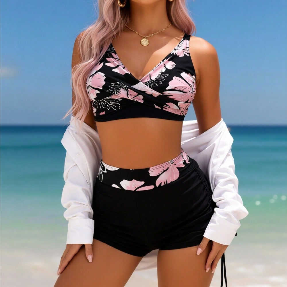 2026 New Women's Sexy Fashion Black Pink Floral Twist Two-Piece Boyleg Swimsuit for Vacation & Leisure