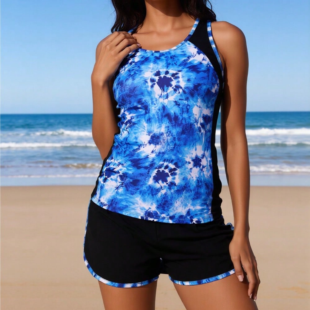 2026 New Women's Sexy Fashion Blue White Tie-Dye Black Patchwork Two-Piece Boyleg Swimsuit For Vacation & Leisure