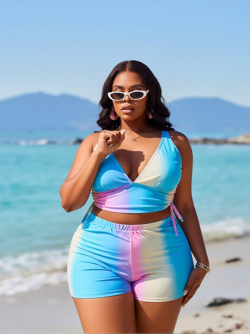 2026 Women's Playful Two-Piece: Pastel Ombre Print Plunge V-Neck Top and Matching High-Waisted Boyleg Shorts