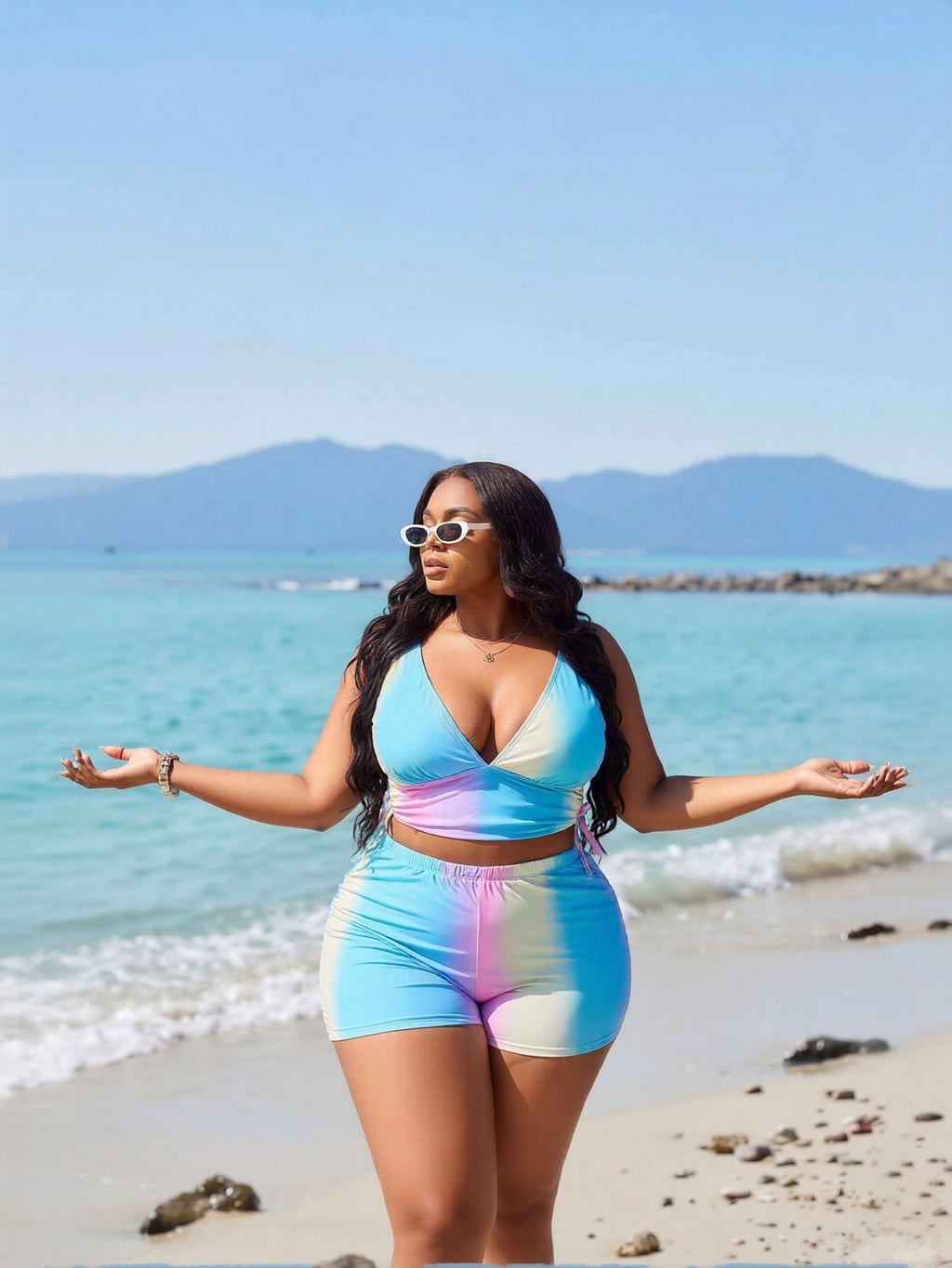2026 Women's Playful Two-Piece: Pastel Ombre Print Plunge V-Neck Top and Matching High-Waisted Boyleg Shorts