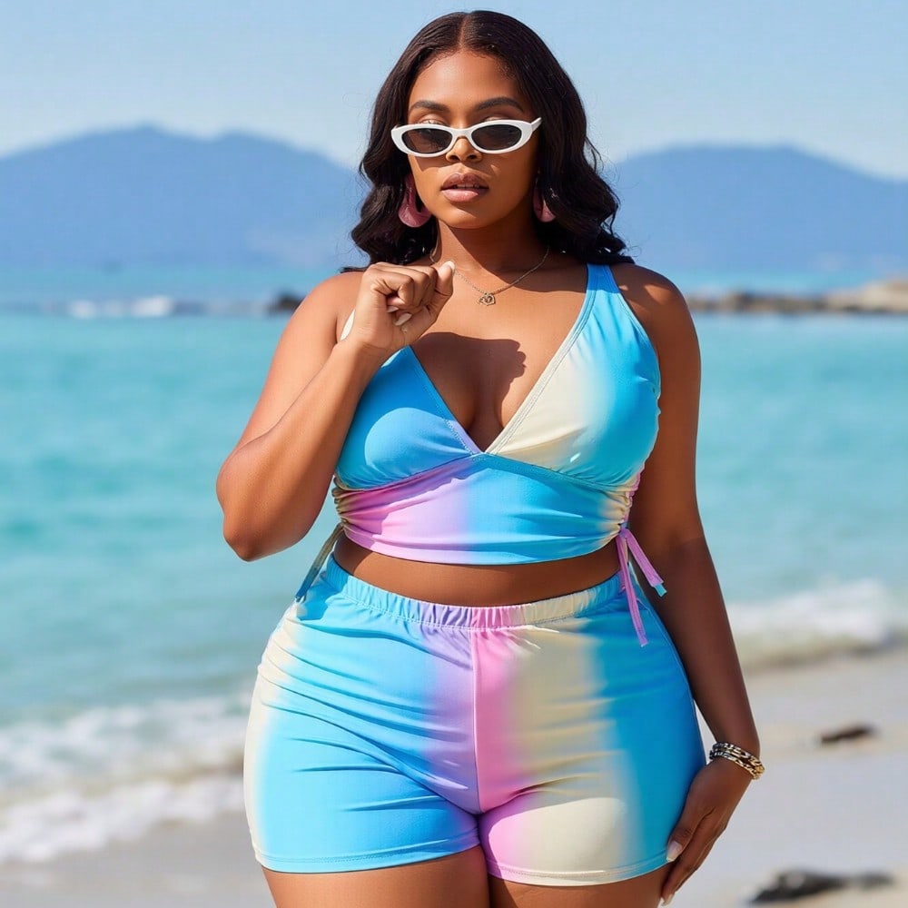 2026 Women's Playful Two-Piece: Pastel Ombre Print Plunge V-Neck Top and Matching High-Waisted Boyleg Shorts