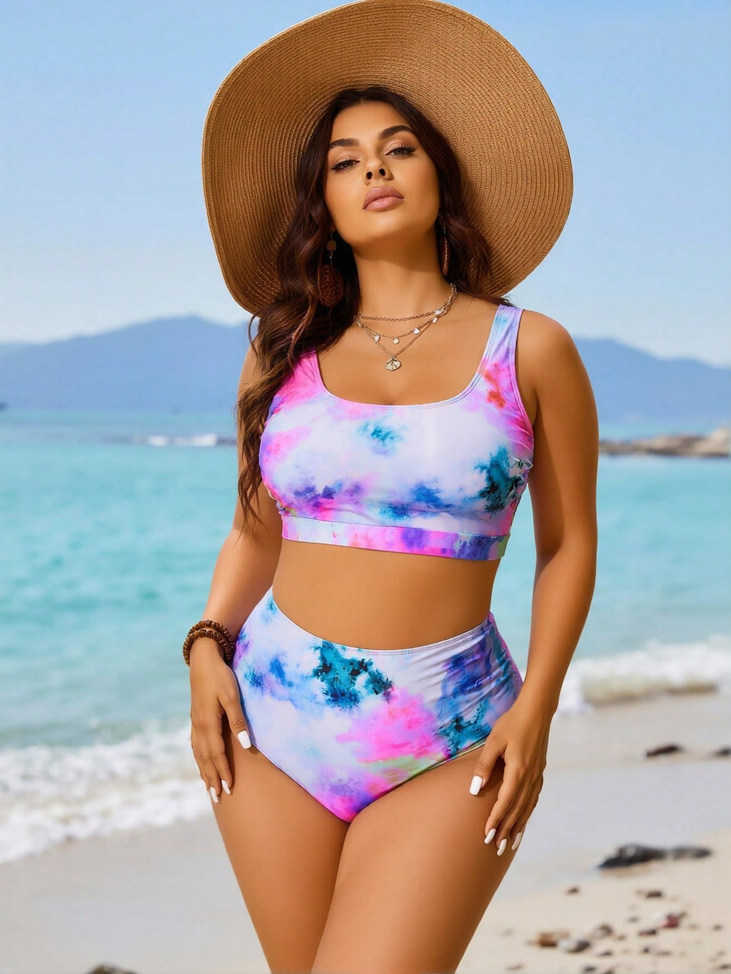 2026 Women's Playful Two-Piece: Pastel Tie-Dye Print Crop Top and Matching High-Waisted Briefs