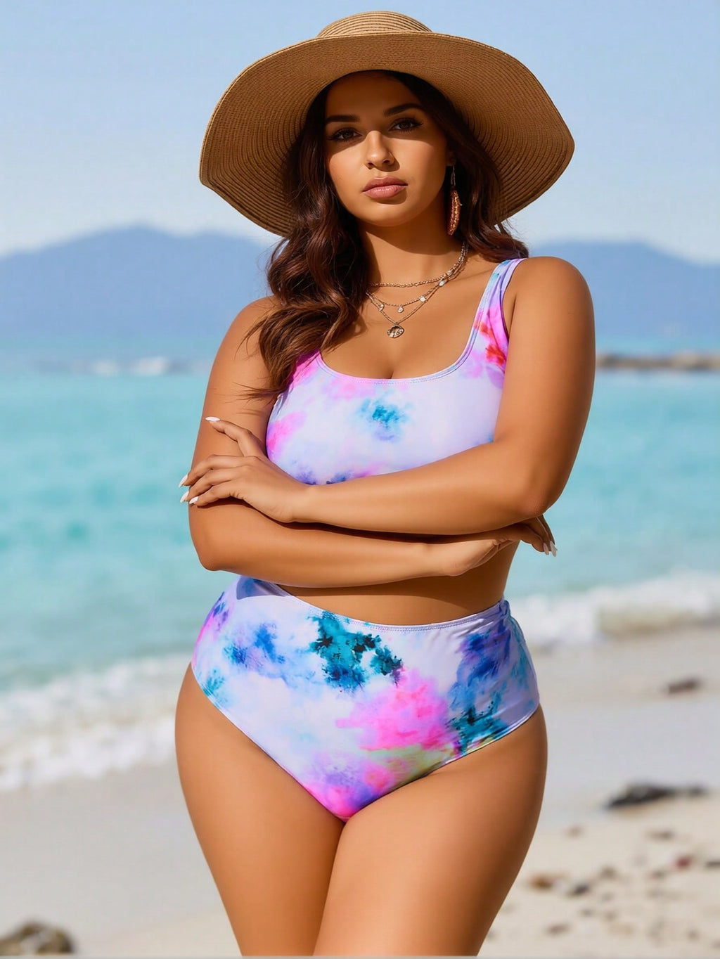 2026 Women's Playful Two-Piece: Pastel Tie-Dye Print Crop Top and Matching High-Waisted Briefs
