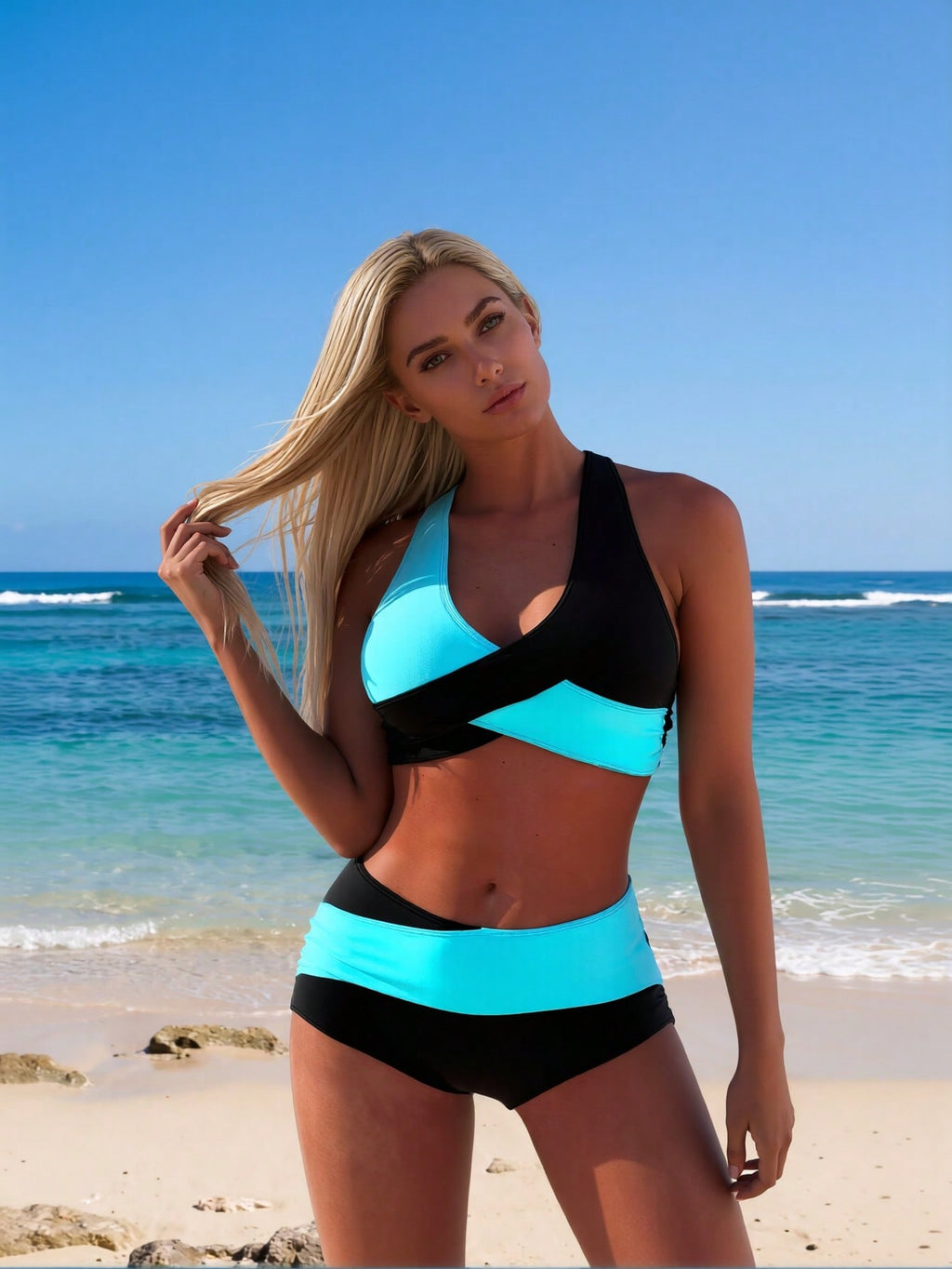 2026 Women's Active Two-Piece: Turquoise & Black Color-Block Wrap Crop Top and Matching High-Waisted Boyleg Shorts