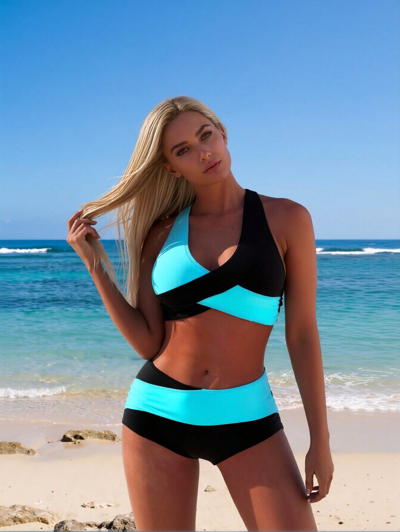 2026 Women's Active Two-Piece: Turquoise & Black Color-Block Wrap Crop Top and Matching High-Waisted Boyleg Shorts