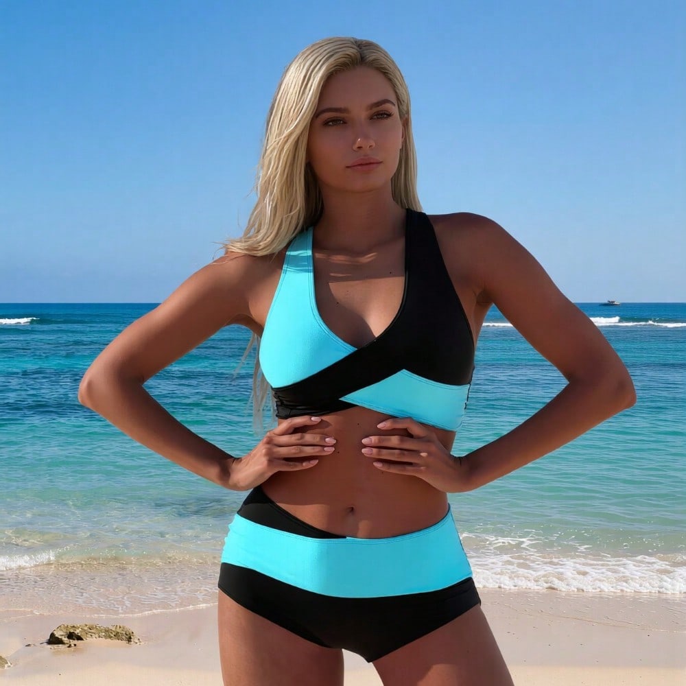 2026 Women's Active Two-Piece: Turquoise & Black Color-Block Wrap Crop Top and Matching High-Waisted Boyleg Shorts