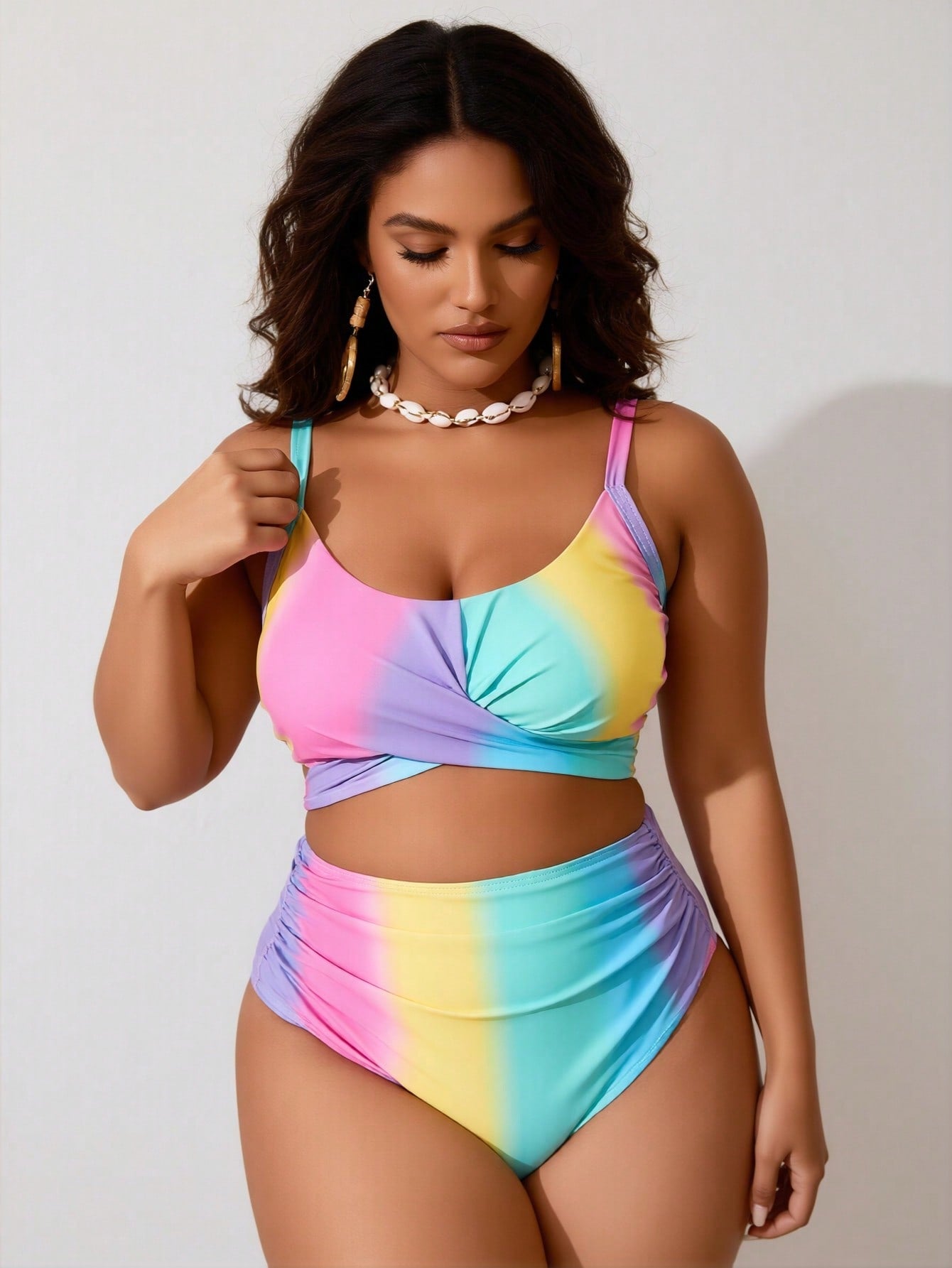 2026 Women's Playful Two-Piece: Pastel Rainbow Ombre Wrap Crop Top and Matching High-Waisted Briefs
