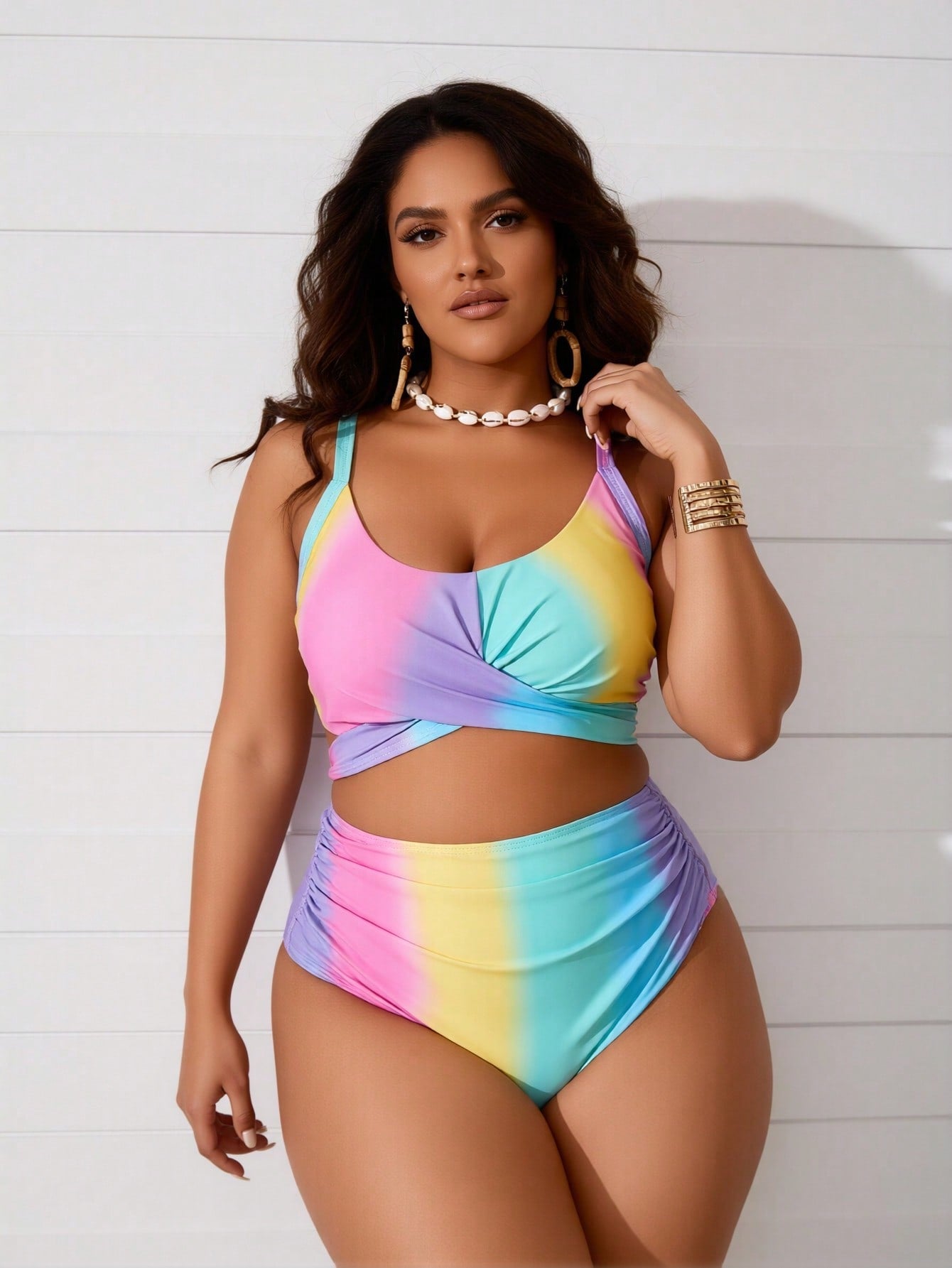 2026 Women's Playful Two-Piece: Pastel Rainbow Ombre Wrap Crop Top and Matching High-Waisted Briefs