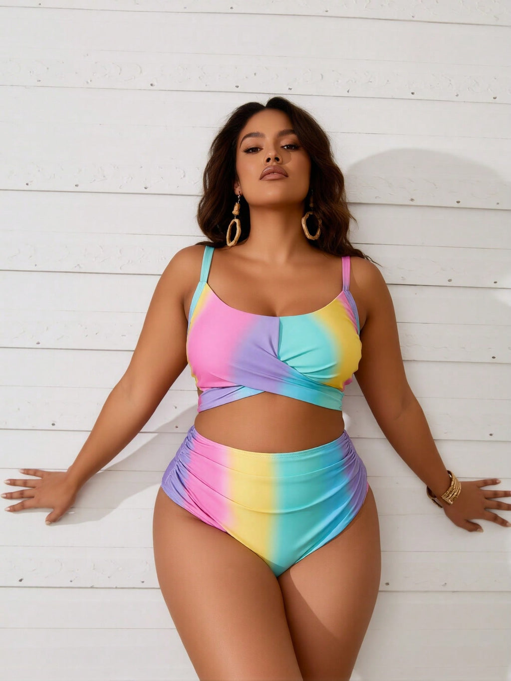 2026 Women's Playful Two-Piece: Pastel Rainbow Ombre Wrap Crop Top and Matching High-Waisted Briefs